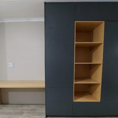 Storm Grey and Vancouver Maple melamine Bedroom Cupboard with display section.