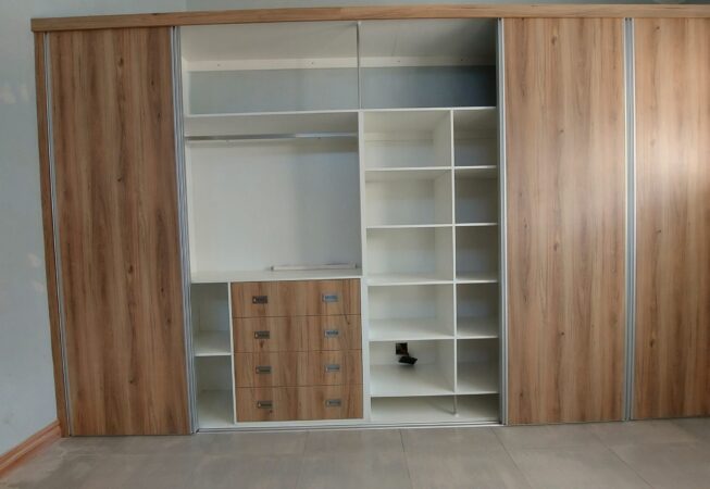 Sahara melamine built-in cupboard with sliding doors and built-in drawers and shelves