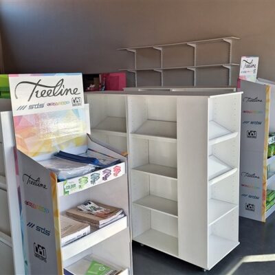 Shopfitting display shelves in White Melamine on 50mm castors